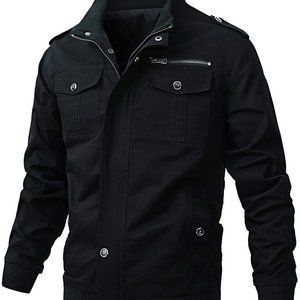 Men's Casual Washed Jackets Military Coat With Multi Pockets Zip Front- Medium